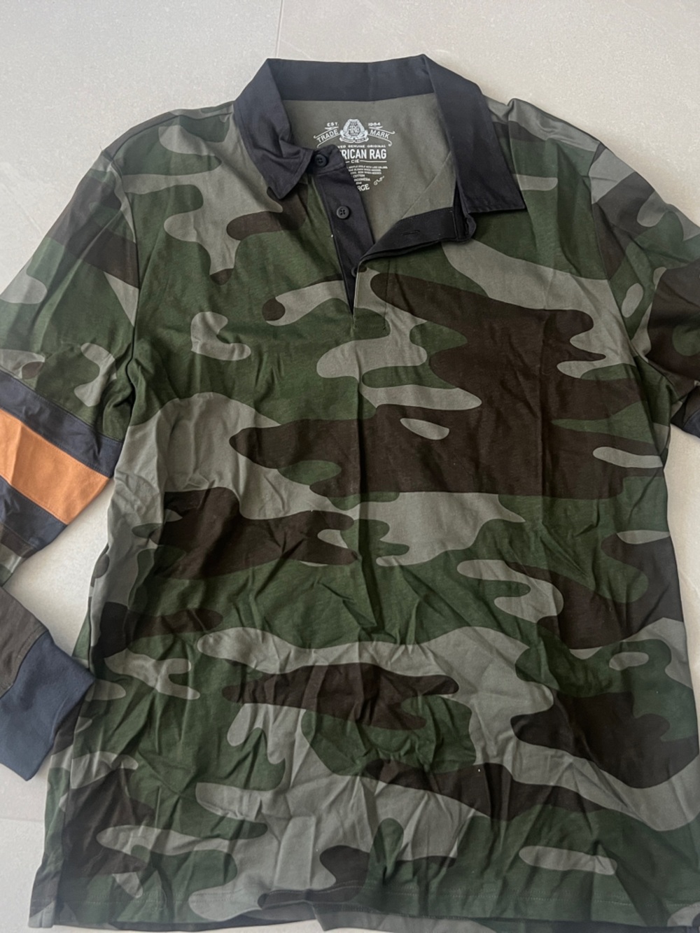 American Rag Men's Camo Polo Jacket with Black Collar and Orange Accent